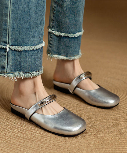 Silver Cowhide Leather Women Splicing Sequined Slide Sandals