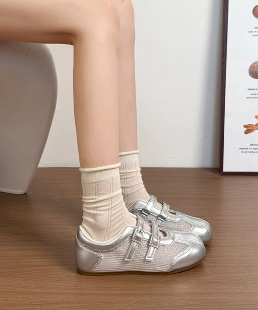 Silver Faux Leather Splicing Chic Breathable Mesh Flat Shoes