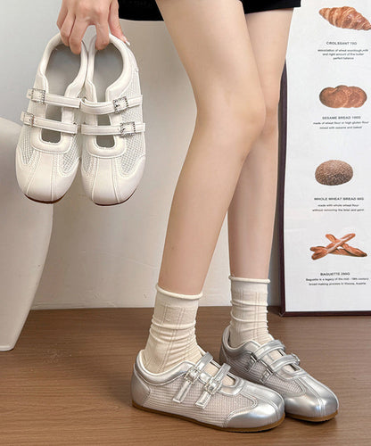 Silver Faux Leather Splicing Chic Breathable Mesh Flat Shoes