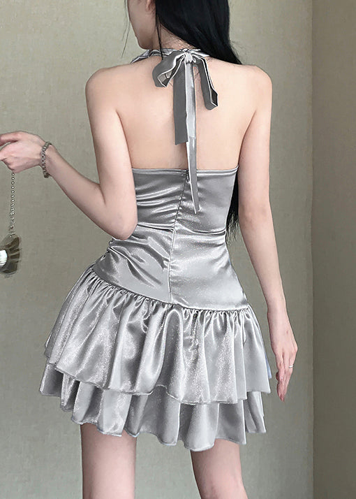 Silver Floral High Waist Sleeveless Dress Hollow Out