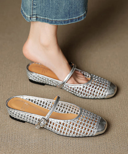Silver Hollow Out Splicing Slide Sandals Cowhide Leather