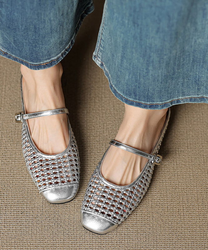 Silver Hollow Out Splicing Slide Sandals Cowhide Leather