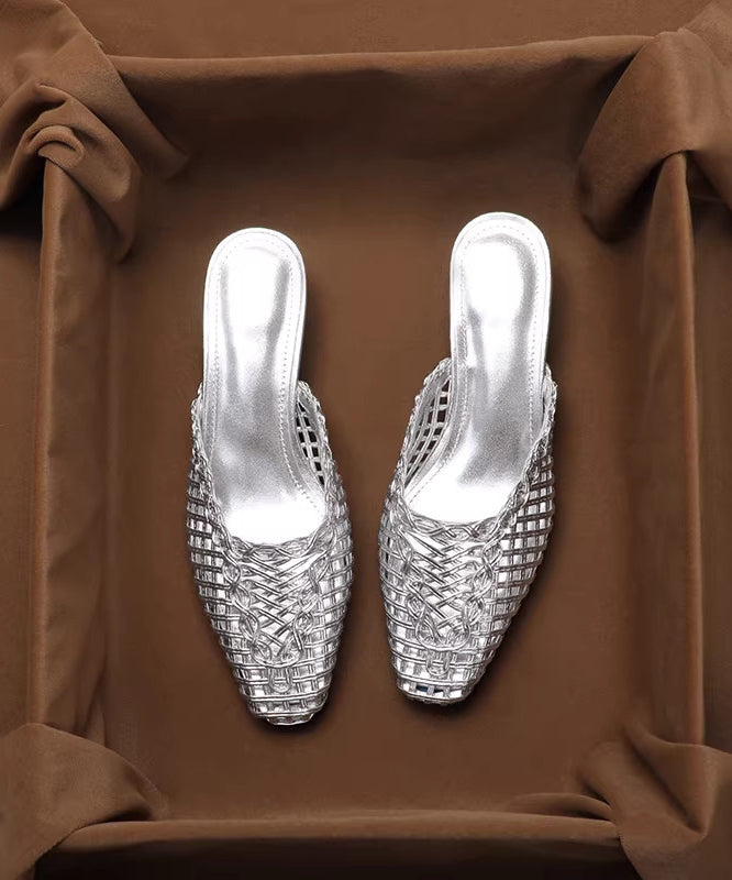 Silver Splicing Slide Sandals Hollow Out Breathable Faux Leather
