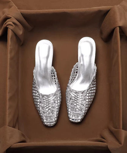 Silver Splicing Slide Sandals Hollow Out Breathable Faux Leather