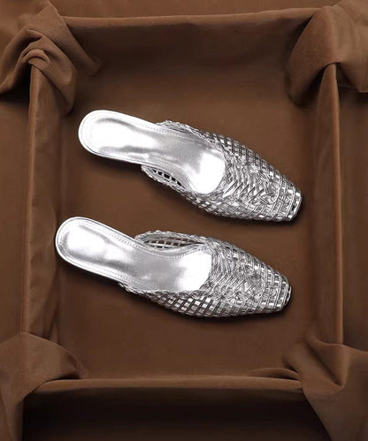 Silver Splicing Slide Sandals Hollow Out Breathable Faux Leather