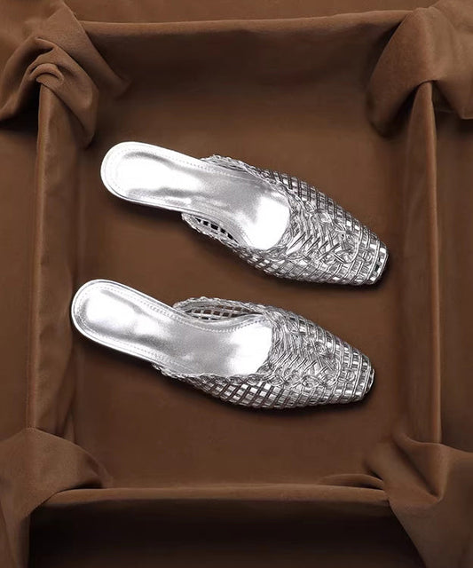 Silver Splicing Slide Sandals Hollow Out Breathable Faux Leather