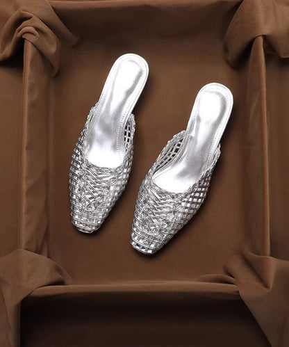 Silver Splicing Slide Sandals Hollow Out Breathable Faux Leather