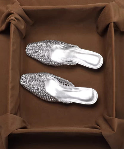 Silver Splicing Slide Sandals Hollow Out Breathable Faux Leather