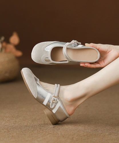 Silver Suede Splicing Buckle Strap Slide Sandals