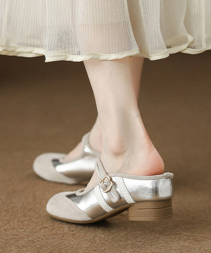 Silver Suede Splicing Buckle Strap Slide Sandals