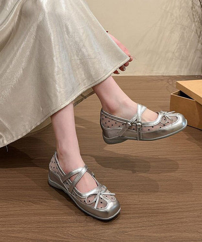 Silver Tulle Splicing Bow Buckle Strap Wedge Heels Shoes