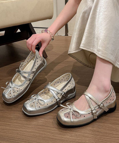 Silver Tulle Splicing Bow Buckle Strap Wedge Heels Shoes