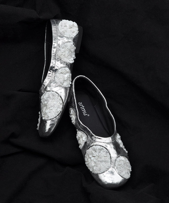 Silvery Cowhide Leather Flat Shoes For Women Sequins Flat Shoes