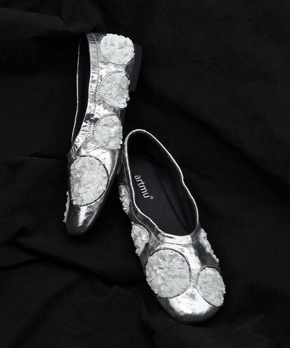 Silvery Cowhide Leather Flat Shoes For Women Sequins Flat Shoes