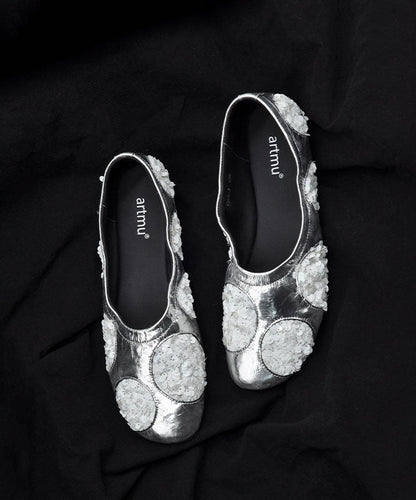 Silvery Cowhide Leather Flat Shoes For Women Sequins Flat Shoes