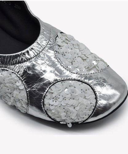 Silvery Cowhide Leather Flat Shoes For Women Sequins Flat Shoes