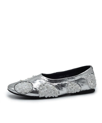 Silvery Cowhide Leather Flat Shoes For Women Sequins Flat Shoes