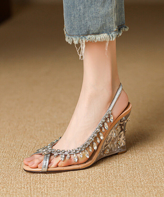 Silvery Rhinestone Sandals Wedge Faux Leather Stylish Sandals