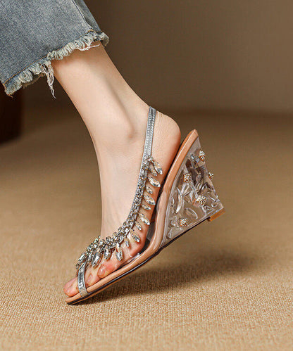 Silvery Rhinestone Sandals Wedge Faux Leather Stylish Sandals