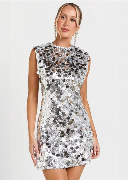Silvery Silm Fit Tea Dress Sequins Wraped Sleeveless