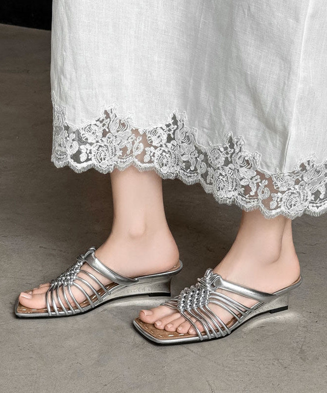 Silvery Wedge Cowhide Leather Women Thong Sandals