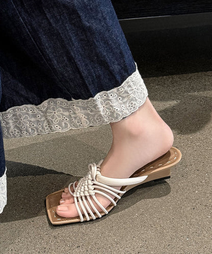 Silvery Wedge Cowhide Leather Women Thong Sandals