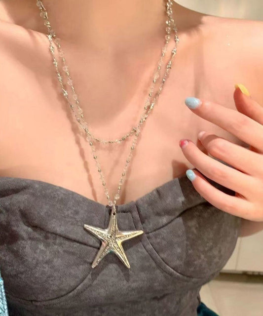Simple Alloy Zircon Star Double Layer Beading Pendant Necklace