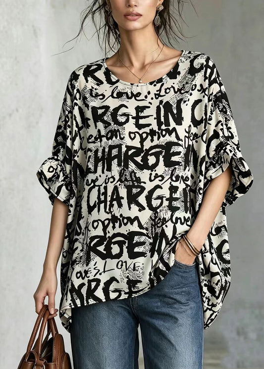 Simple Alphabet Print O-Neck Mid-Length Blouse Tops Summer