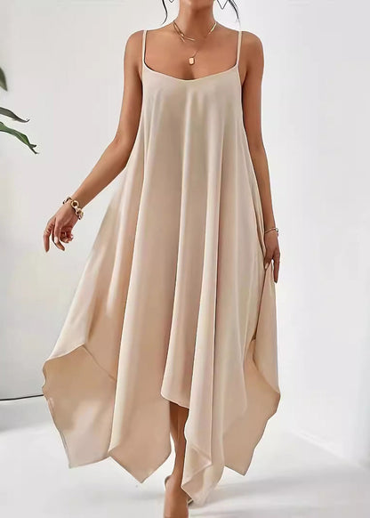 Simple Apricot Asymmetrical Solid Cotton Spaghetti Strap Dress Sleeveless