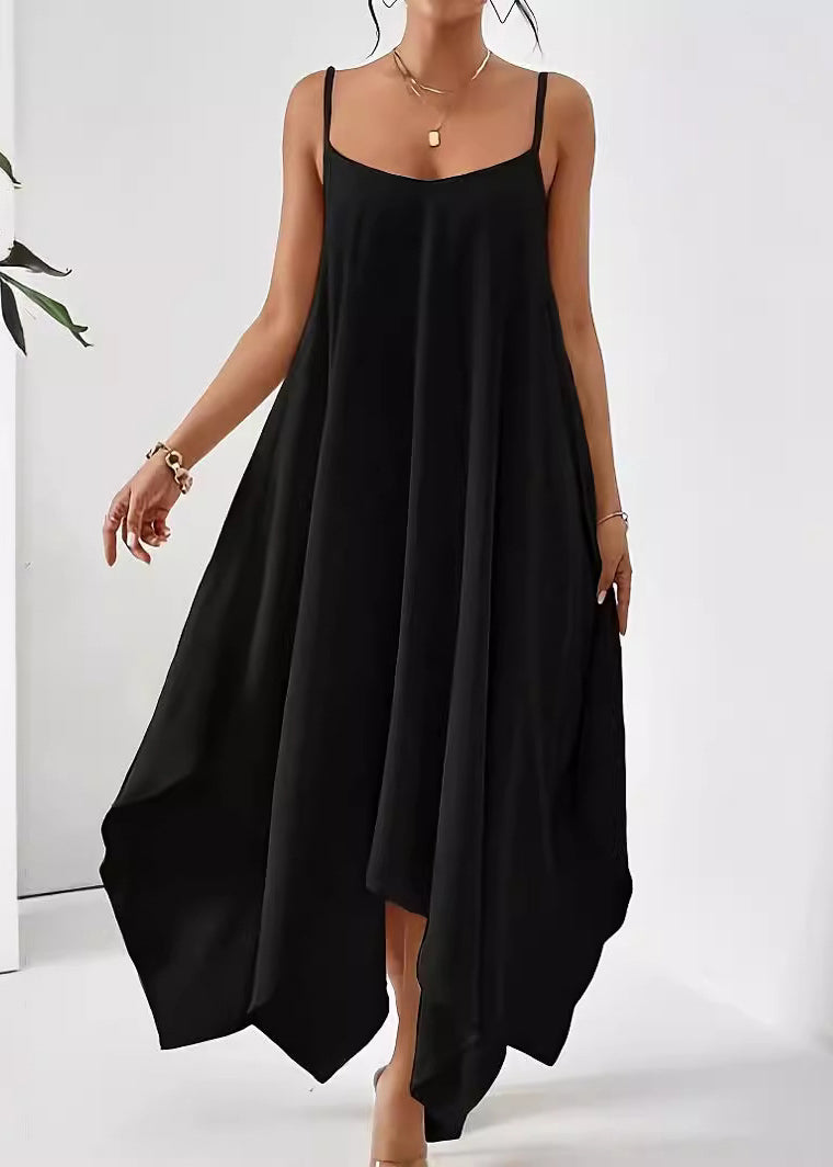 Simple Apricot Asymmetrical Solid Cotton Spaghetti Strap Dress Sleeveless