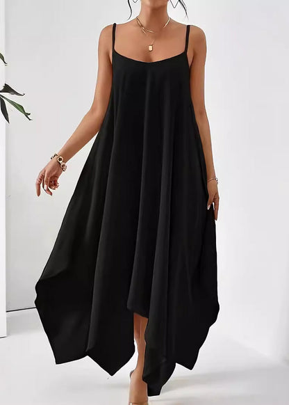 Simple Apricot Asymmetrical Solid Cotton Spaghetti Strap Dress Sleeveless