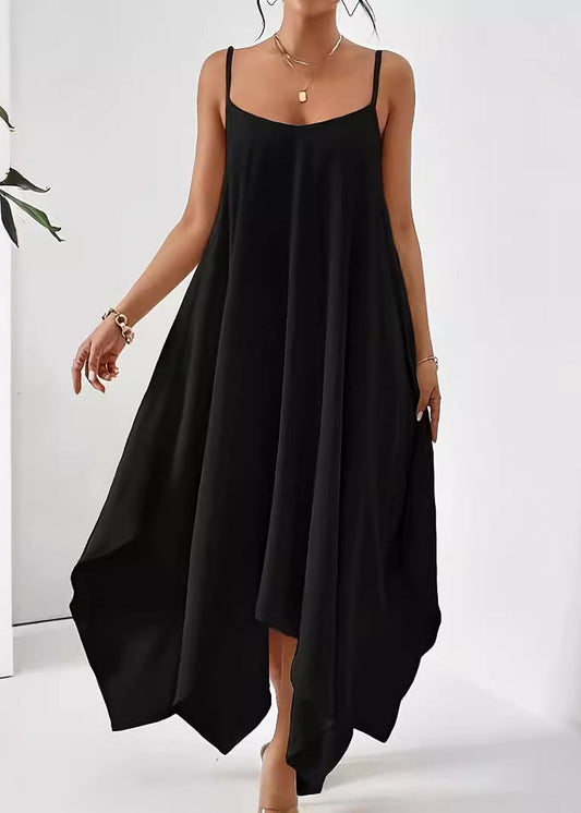 Simple Apricot Asymmetrical Solid Cotton Spaghetti Strap Dress Sleeveless