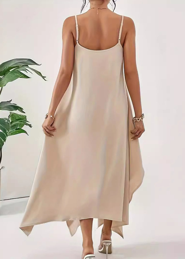 Simple Apricot Asymmetrical Solid Cotton Spaghetti Strap Dress Sleeveless