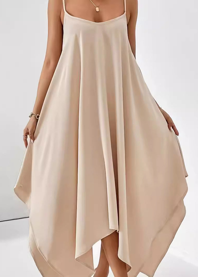 Simple Apricot Asymmetrical Solid Cotton Spaghetti Strap Dress Sleeveless