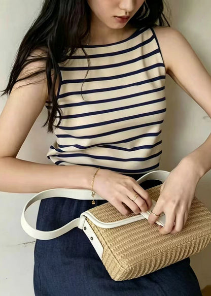 Simple Apricot Blue Striped Knit Tops Sleeveless