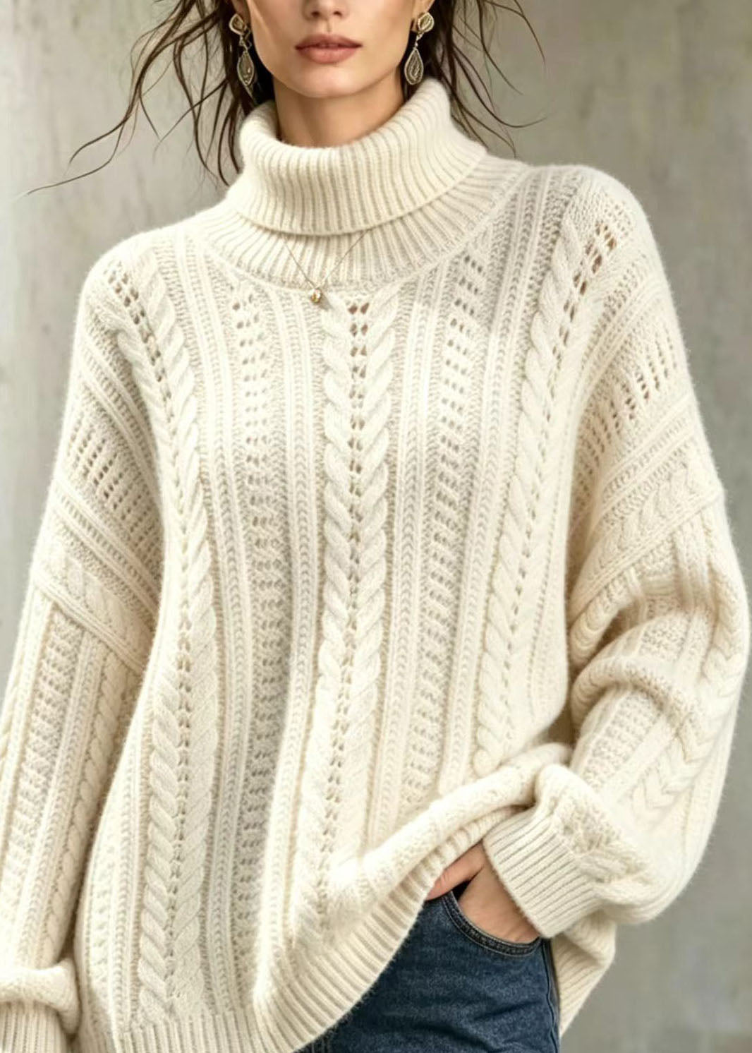 Simple Apricot Hign Neck Oversized Cable Knit Sweater Fall