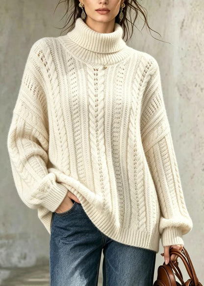 Simple Apricot Hign Neck Oversized Cable Knit Sweater Fall