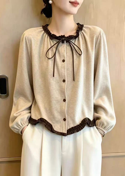 Simple Apricot O-Neck Lace Up Ruffled Cardigan Fall