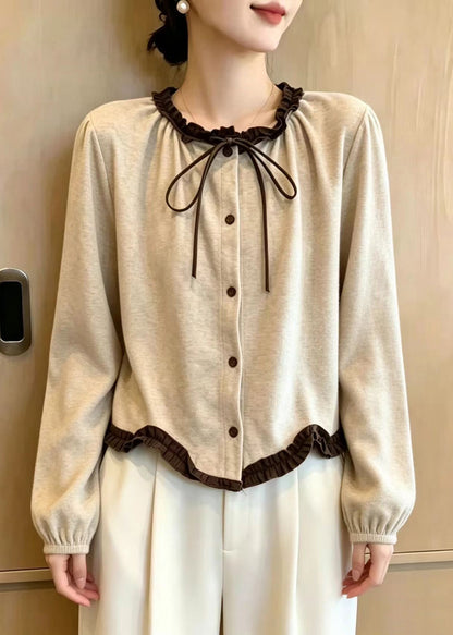 Simple Apricot O-Neck Lace Up Ruffled Cardigan Fall