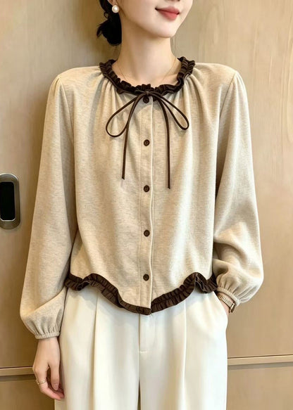 Simple Apricot O-Neck Lace Up Ruffled Cardigan Fall