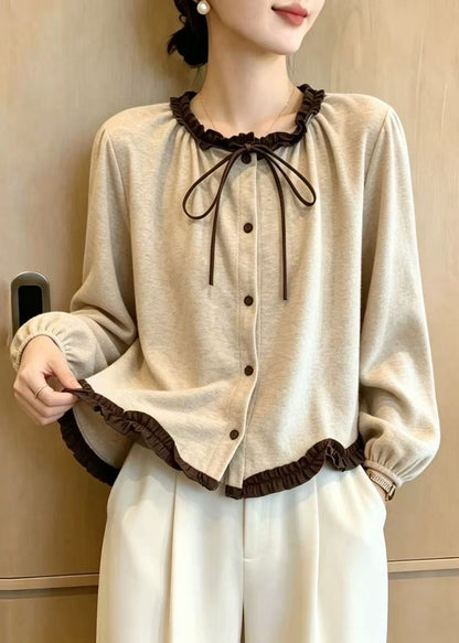 Simple Apricot O-Neck Lace Up Ruffled Cardigan Fall
