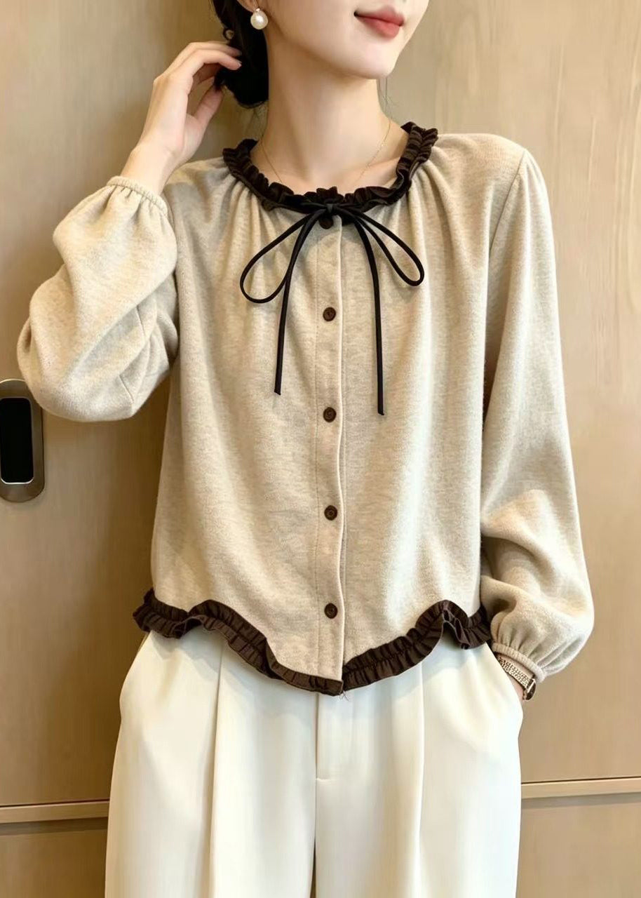 Simple Apricot O-Neck Lace Up Ruffled Cardigan Fall