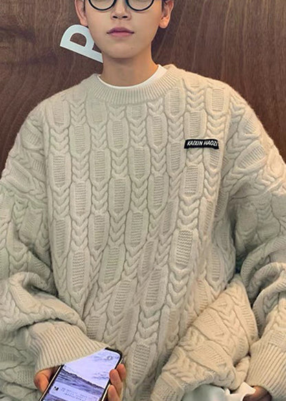 Simple Apricot O Neck Thick Cable Knit Mens Sweaters Fall