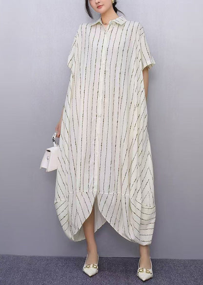 Simple Apricot Oversized Striped Cotton Shirt Dresses Summer