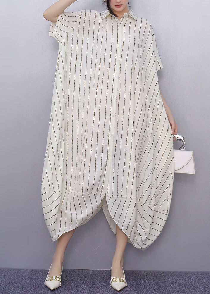 Simple Apricot Oversized Striped Cotton Shirt Dresses Summer