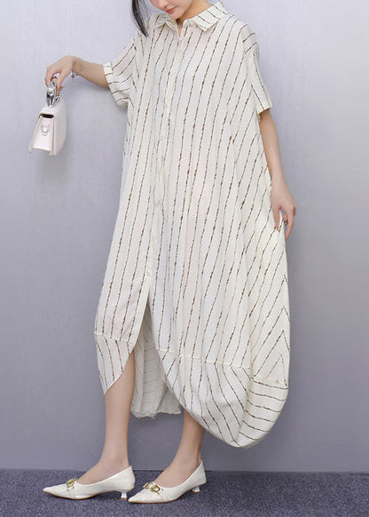 Simple Apricot Oversized Striped Cotton Shirt Dresses Summer
