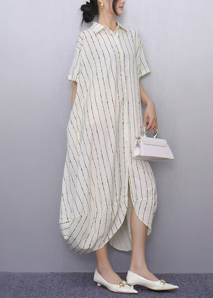 Simple Apricot Oversized Striped Cotton Shirt Dresses Summer
