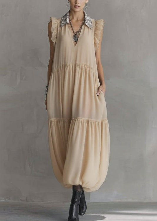 Simple Apricot Peter Pan Collar Wrinkled Solid Chiffon Maxi Dresses Summer