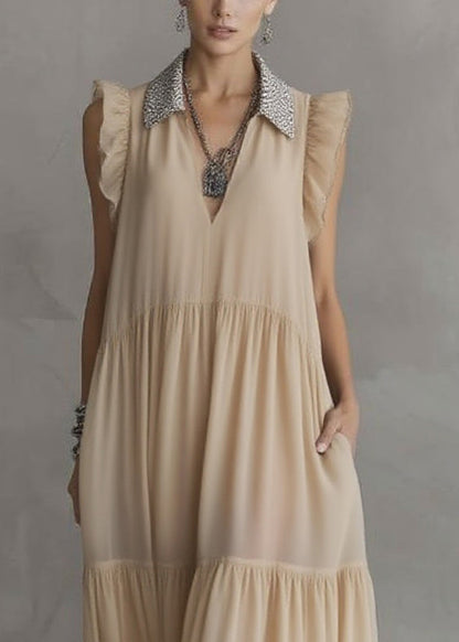 Simple Apricot Peter Pan Collar Wrinkled Solid Chiffon Maxi Dresses Summer