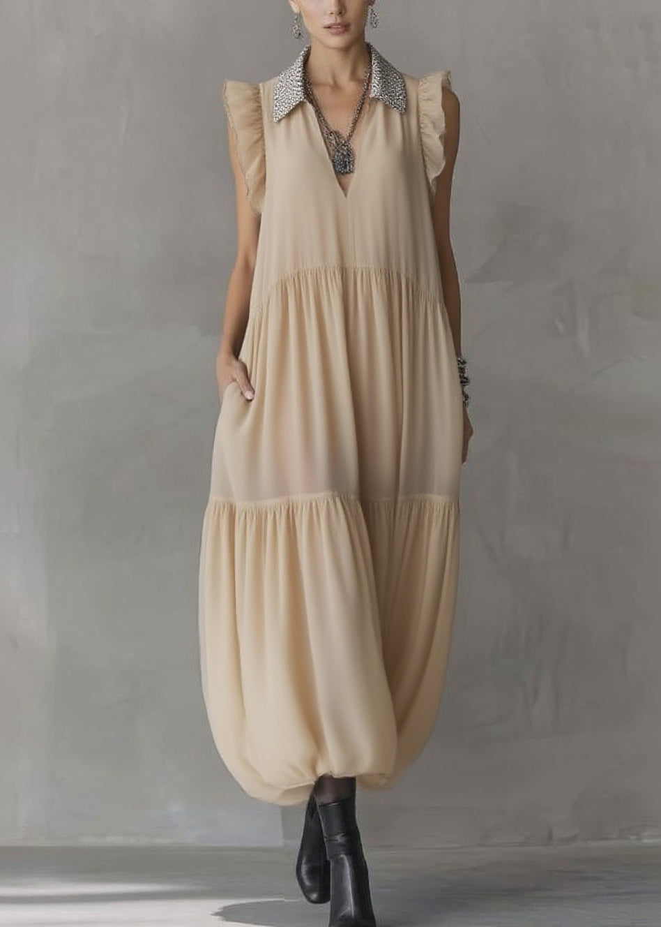 Simple Apricot Peter Pan Collar Wrinkled Solid Chiffon Maxi Dresses Summer